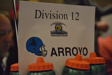 Tables were decorated with blue, black, and white balloons and had a water bottle and CIF football centerpiece.