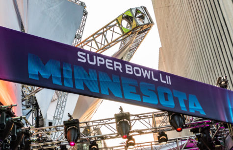 A banner for the 2018 Super Bowl 52 (Super Bowl LII) on Nicollet Mall in downtown Minneapolis, Minnesota.