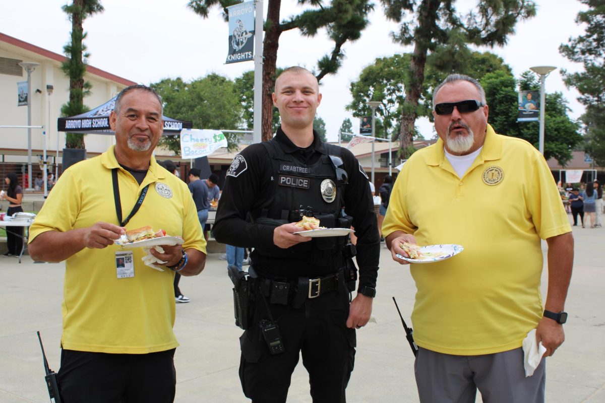 Campus supervisors Frank Raygoza, Robert Becerra and Officer Crabtree showing their support for our Arroyo clubs.
