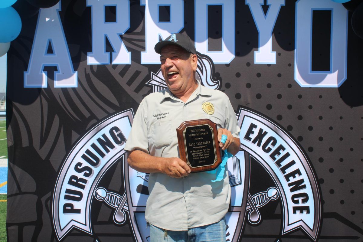 Beto Gonzalez reacts after being honored at the Renaissance Assembly for his 23 years of service to Arroyo High School.